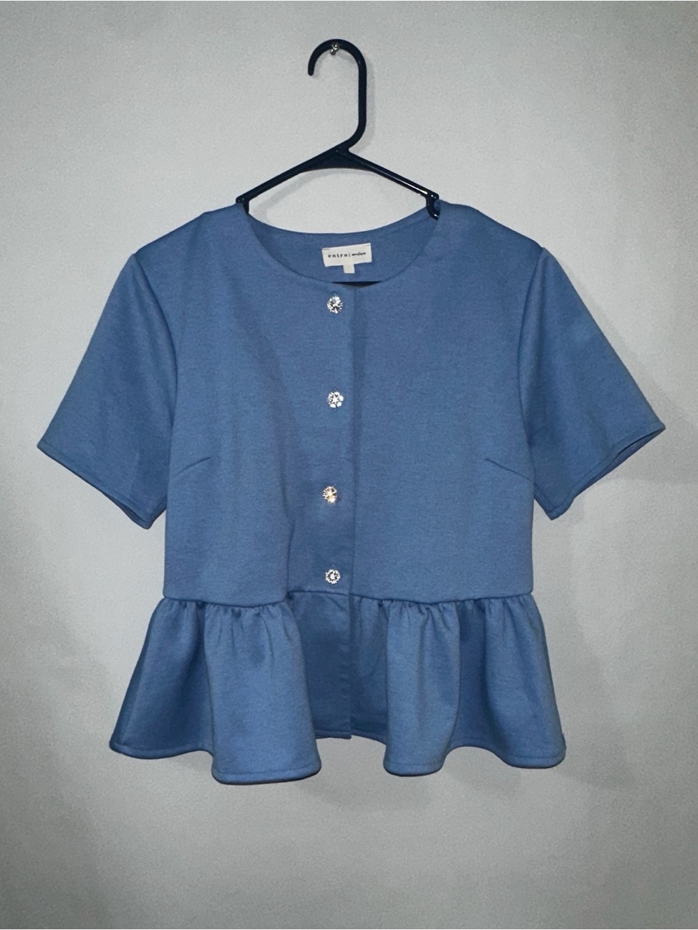 #189 Entro peplum Blue Short-Sleeve blue  Button-Front Top, Rhinestone Buttons - Picture 4 of 5